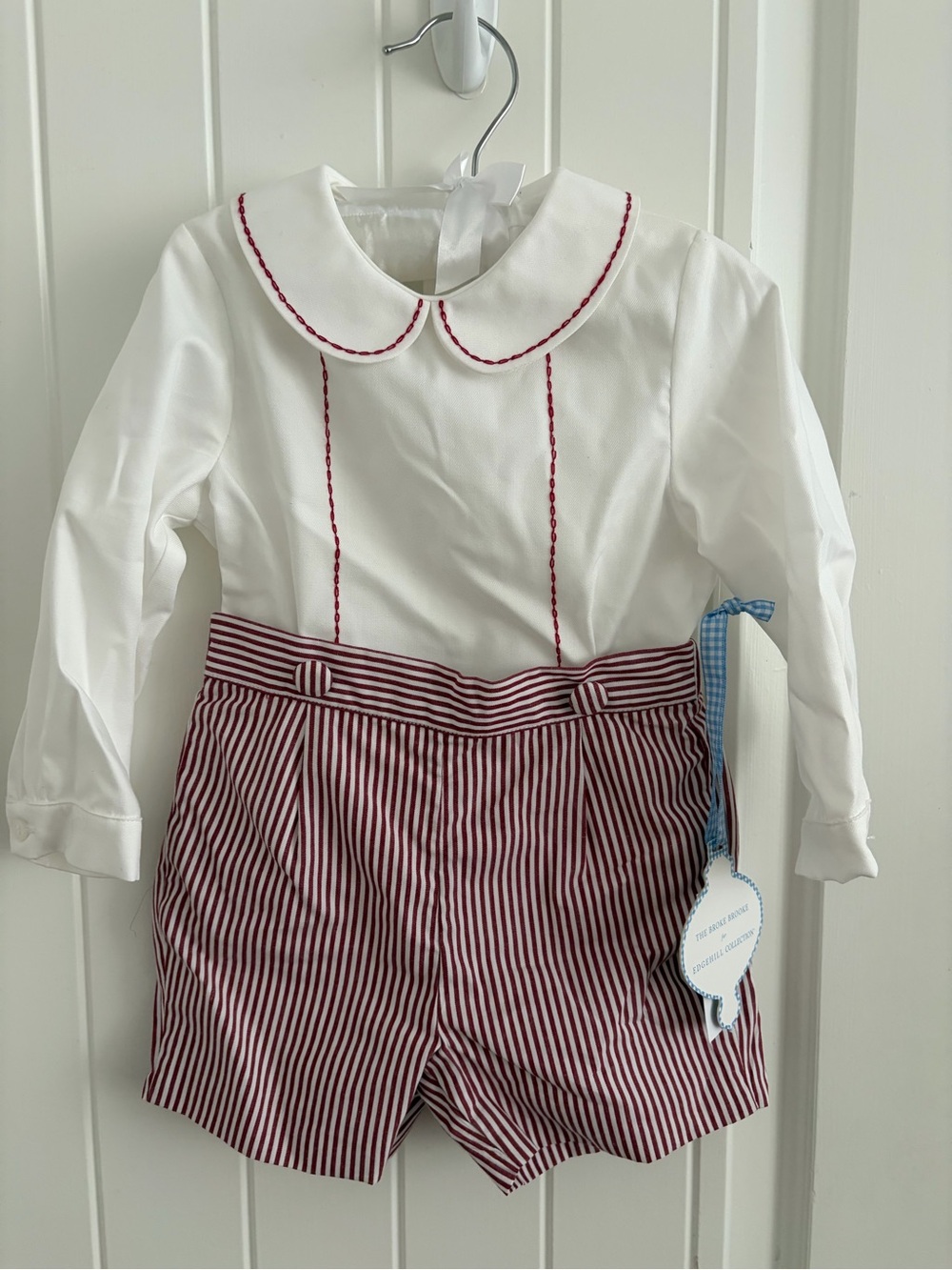 Edgehill Collection White Long-Sleeve Peter Pan Collar Romper with Red Stripes
